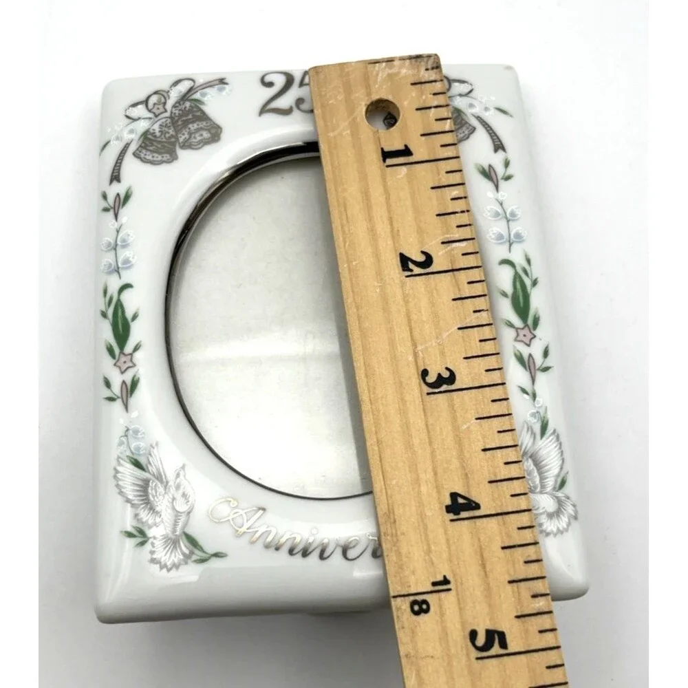 Small Vtg Lefton Hand Painted White Porcelain 25th Anniversary Picture Frame